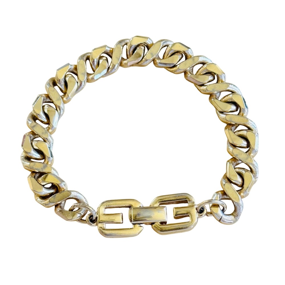Givenchy Curved Chain Bracelet Signed VTG Gold Regal Designer Statement Logo 8"